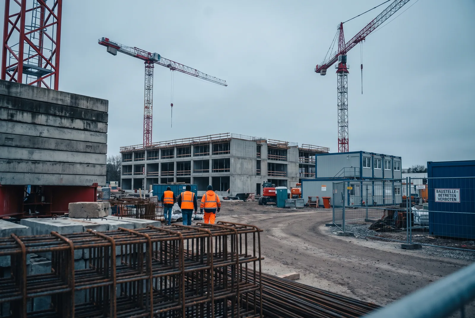 Baustelle eines öffentlichen Neubaus mit zwei Turmkranen